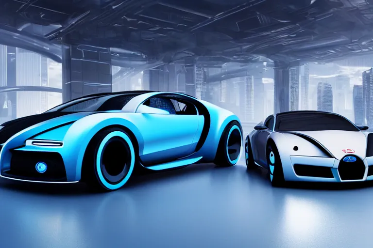 Image similar to cyberpunk bugatti concept inspired sports car, futuristic look, highly detailed body, very expensive, photorealistic camera shot, bright studio setting, studio lighting, crisp quality and light reflections, unreal engine 5 quality render