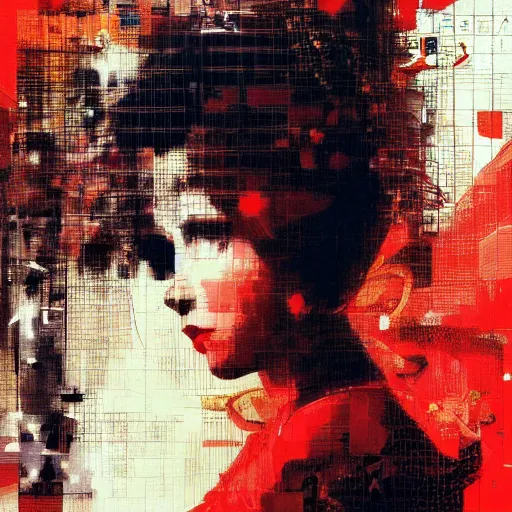 Image similar to portrait of a nostalgic latina in red monk habit being progressively rasterized into pixels from another world, she is surrounded by digital birds, oil on canvas by yoji shinkawa, esao andrews, dave mckean and stina persson