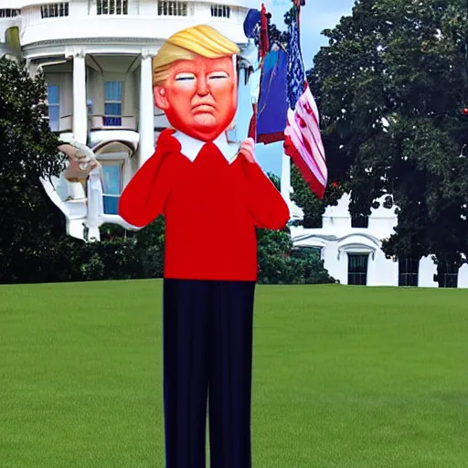 Image similar to skinny donald trump on the white house lawn realistic, detailed, high quality, photorealism, 8k