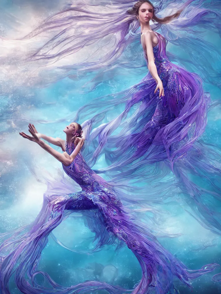 Prompt: a beautiful hyperdetailed rendering of a beautiful underwater ballerina lyrical dancer with extremely long flowy dress like a beta fish fins, weightless, flowy, deep color, fine bubbles, cryengine, 8 k, extreme detail, realism, realistic, surrealist, full subject in frame and view, epic scale ultrawide angle, aquasixio