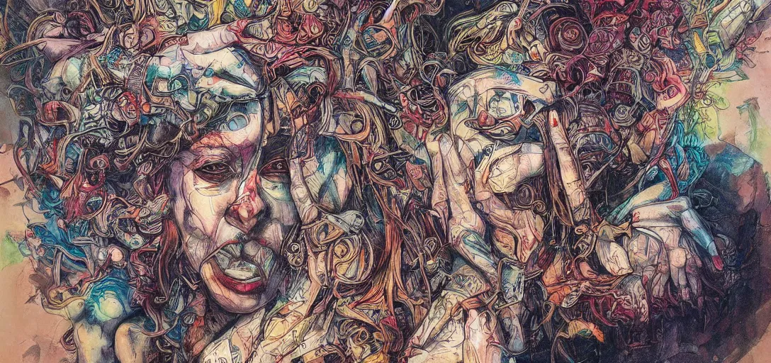 Prompt: peripheral abomination lobotomy, in the style of adi granov, colourful hand drawing, beautiful faces, dramatic, tragic, intricate, detailed, beautiful