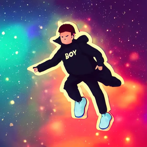 Image similar to boy dressed a black hoodie, flying in galaxy, lo-fi style, digital art, trending on ArtStation, detalied, high quality,