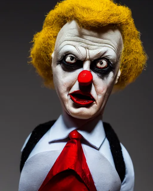 Image similar to a creepy paper mache doll of a scary clown donald trump, realistic, very detailed, complex, intricate, studio lighting, bokeh, sigma 5 0 mm f 1. 4