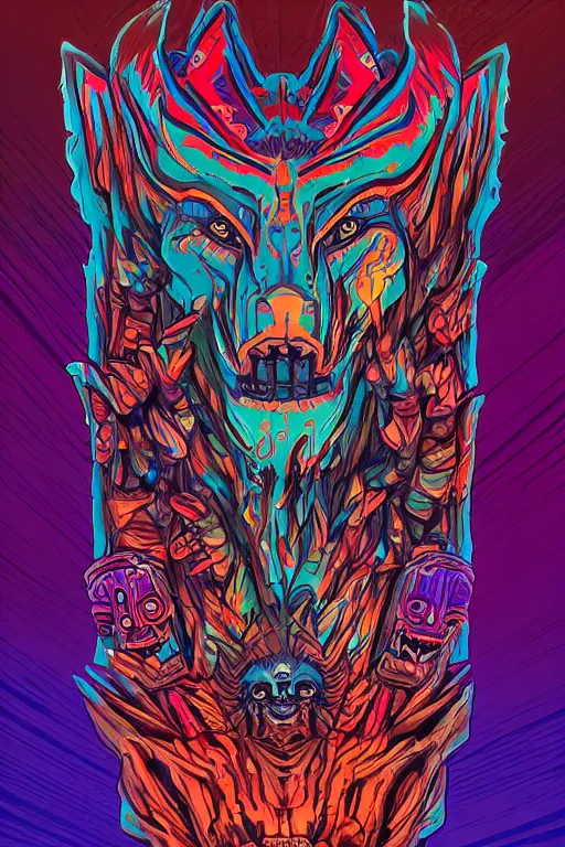 Image similar to totem animal tribal chaman vodoo mask feather gemstone plant wood rock video game illustration vivid color borderlands by josan gonzales and dan mumford radiating a glowing aura