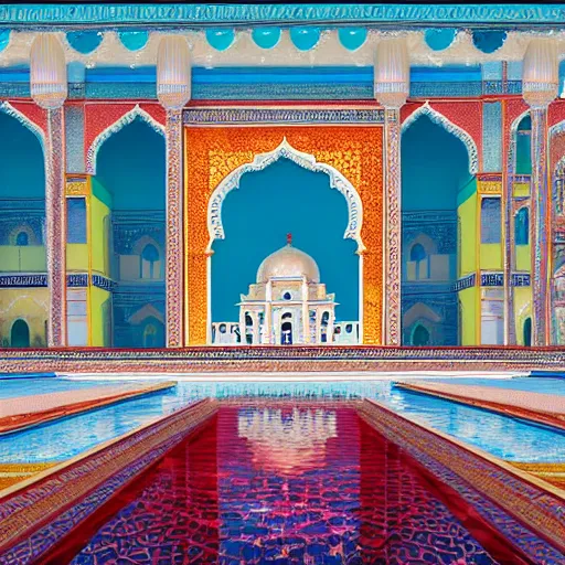 Image similar to a large white indian temple with a long pool of water in front of it, a detailed matte painting by sardar sobha singh, shutterstock contest winner, cloisonnism, creative commons attribution, photo taken with ektachrome, global illumination