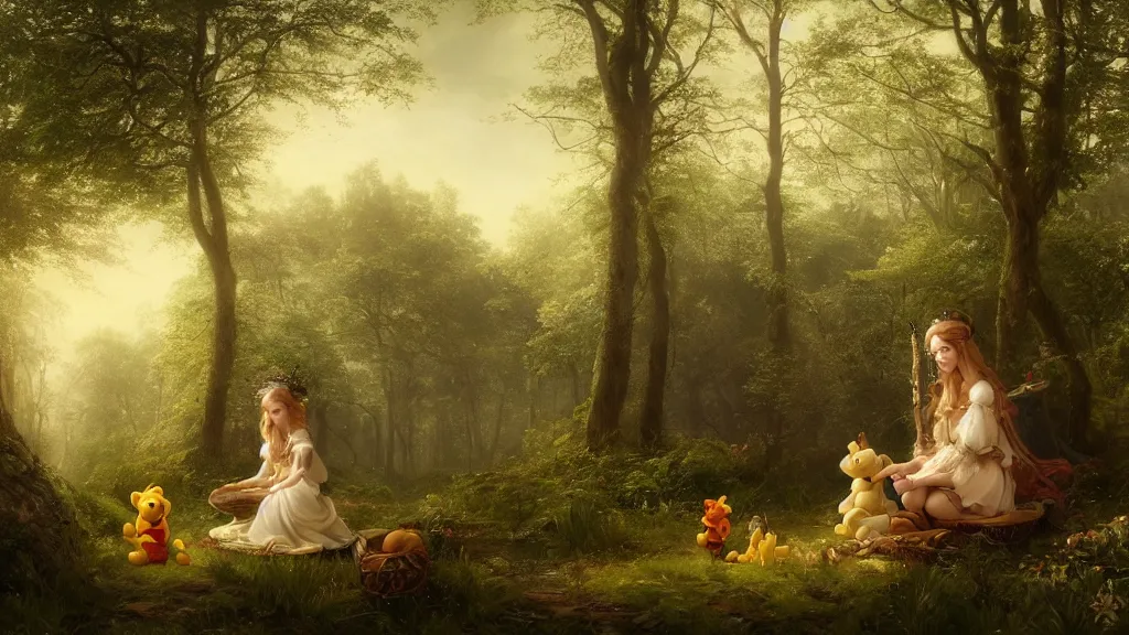 Prompt: elven princess sitting with a giant winnie the pooh in the melancholy forest. andreas achenbach, artgerm, mikko lagerstedt, zack snyder, tokujin yoshioka
