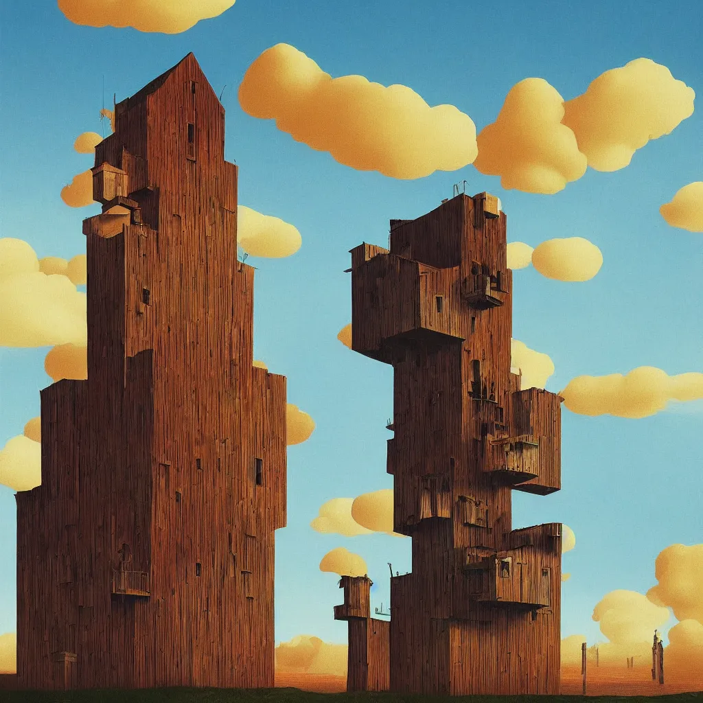 Prompt: single flooded simple wooden tower, very coherent and colorful high contrast!! masterpiece by rene magritte simon stalenhag alberto seveso, minimalist, dark shadows, sunny day, hard lighting