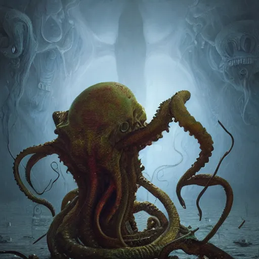 Prompt: Cthulhu eating toast, art by greg rutkowski and Zdzislaw Beksinski, good clear quality, lighting, horror, biology, symmetrical artwork, tentacles, Cthulhu Mythos, 135 mm, cinematic, hyper realism, high detail, octane render, 8k, chrome accents