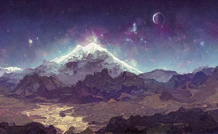 Prompt: mountains, stars and paisley filled sky, artstation, intricate, highly detailed, digital painting, concept art, sharp focus, illustration by Yoshitaka Amano and Alphonse Mucha