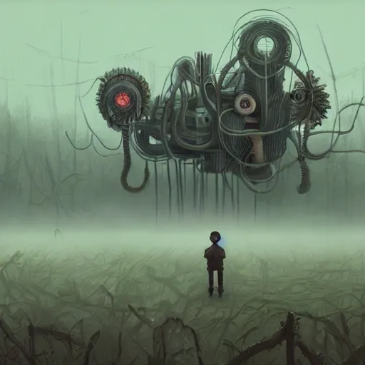 Image similar to ricky berwick, simon stalenhag, horror, eldritch horror, foggy