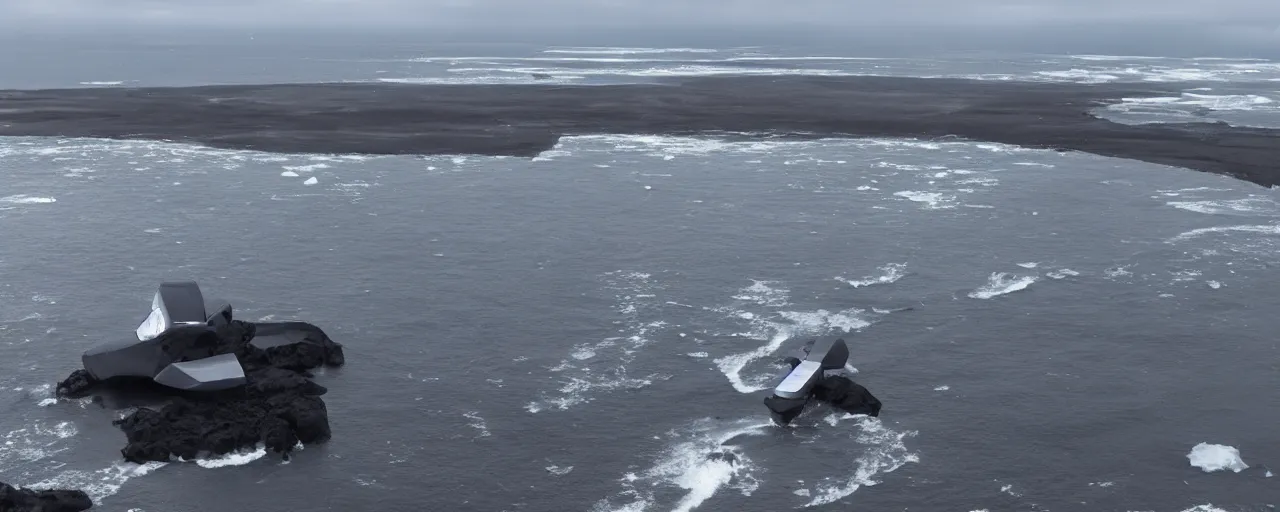 Image similar to cinematic shot of giant symmetrical futuristic military spacecraft in the middle of an endless black sand beach in iceland with icebergs in the distance,, 2 8 mm