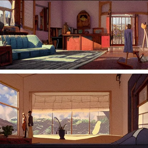 Prompt: panoramic widescreen view, a lo-fi livingroom full of things, strong light and shadows, sunshine, afternoon in summer, detailed digital painting, masterpiece, rendered in Octane, by Moebius, Jeof Darrow and Ralph McQuarrie.