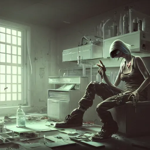 Image similar to tired drug addict holding a knife in an abandoned cyberpunk medical lab, ultra realistic, concept art, intricate details, eerie, highly detailed, photorealistic, octane render, 8k, unreal engine, art by Bjorn Hurri