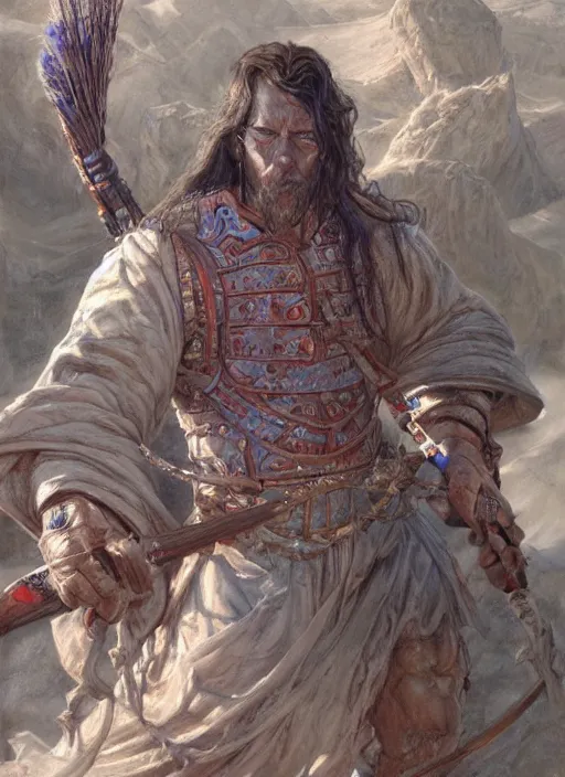 Prompt: a hyperrealistic and detailed paintbrush portrait of a male sorcerer warrior, art by donato giancola and bayard wu and gustav moreau and wayne barlowe