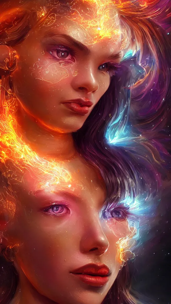 Image similar to highly detailed close up portrait of a celestial girl with a body made of cosmic energy, character art, studio lightning, bright colors, intricate, masterpiece, photorealistic, hiperrealistic, sharp focus, high contrast, Artstation HQ, DeviantArt trending, 4k UHD, Unreal Engine 5