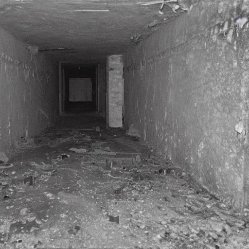 Prompt: Photograph of an abandoned 1940s bunker with the grudge crawling around, dark, no lights, moist, taken using a film camera with 35mm expired film, bright camera flash enabled, award winning photograph, creepy, liminal space