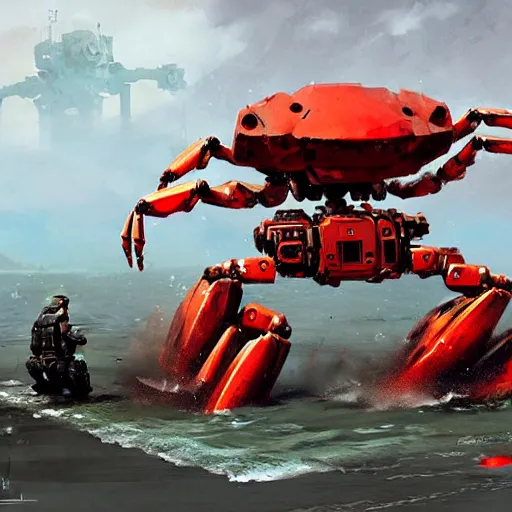 Image similar to giant red mechanical crab with cannon on its back, detailed, military robot, by greg rutkowski and jakub rozalski