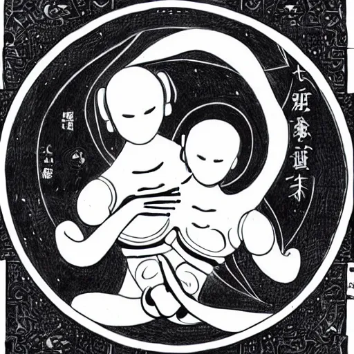 Image similar to a pregnant robot woman giving birth to a yin - yang daoist symbol emerging out of womb, full body black and white drawing