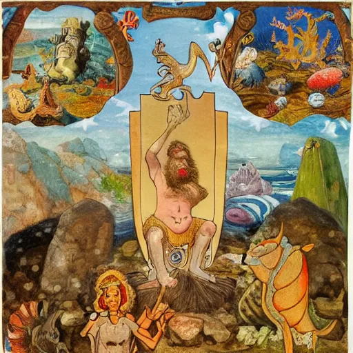 Image similar to The collage shows a mythological scene. A large, bearded man is shown seated on a throne, surrounded by sea creatures. He has a trident in one hand and a shield in the other. Behind him is a large fish, and in front of him are two smaller creatures. lofi, cave painting by Beatrix Potter, by Henry Justice Ford geometric