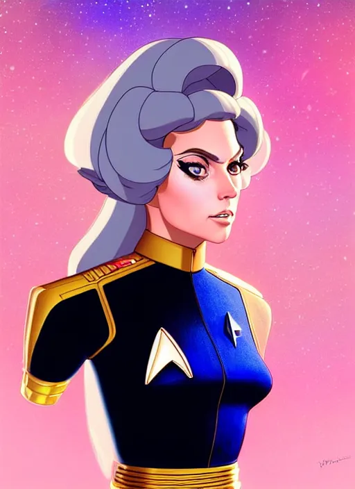 Image similar to cute star trek officer lady gaga, natural lighting, path traced, highly detailed, high quality, digital painting, by don bluth and ross tran and studio ghibli and alphonse mucha, artgerm