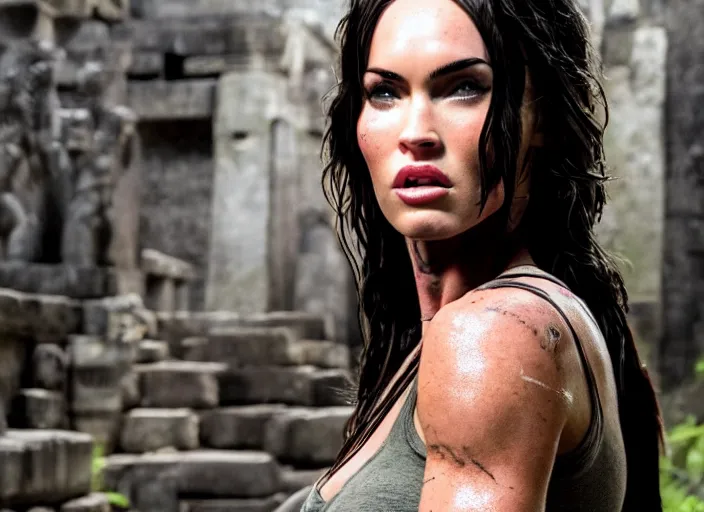 Prompt: film still of!!!! megan fox!!! as lara croft in new tomb raider movie, closeup portrait, exploring inside of aztec temple, dramatic lighting, octane, mist, volumetric lighting, 8 k