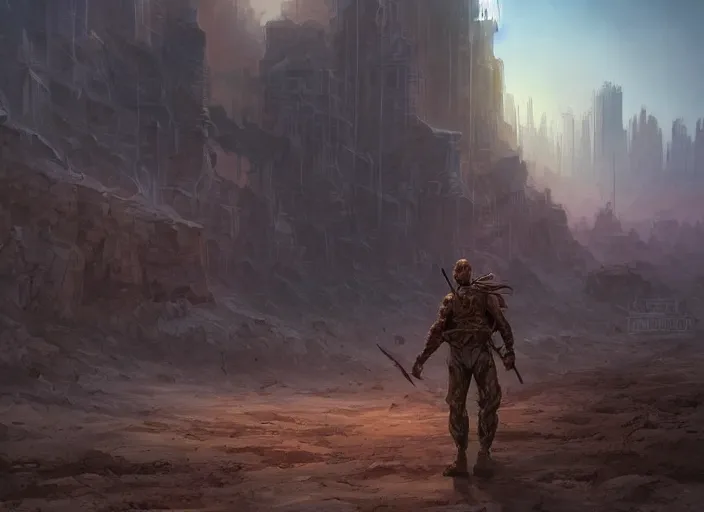 Image similar to detailed concept art background matte painting, strong muscular older soldier roaming through desert with city in the skyline, two suns, purple orange colors, sharp focus, illustration, highly detailed, digital painting, concept art, matte, art by wlop and artgerm and greg rutkowski, masterpiece