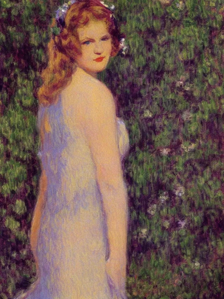 Prompt: portrait of < zelda fitzgerald > as a beautiful young lady, in the sun, slim, out of focus, pleinairism, backlit, closeup, oil on canvas, atr by monet, in the style of le promenade, smooth, impressionnisme, 8 k