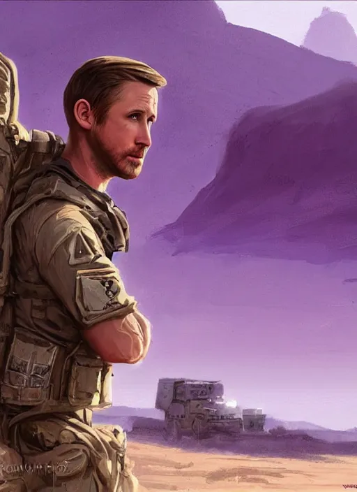 Image similar to purple scene lighting, detailed character portrait!!! concept art, ryan gosling as a soldier with beard, short hair, in a soldier uniform, desert with city in the background, sharp focus, illustration, highly detailed, digital painting, concept art, matte, art by wlop and artgerm and greg rutkowski, masterpiece