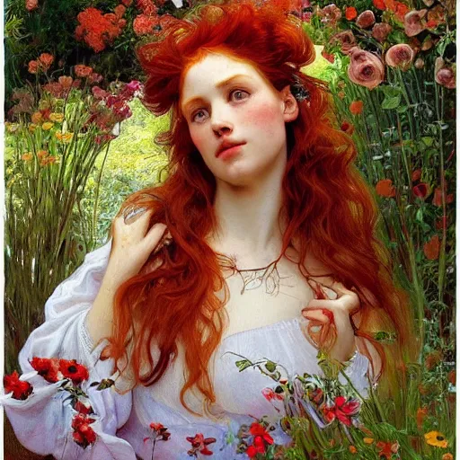 Image similar to a beautiful red haired woman in a garden, beautiful highly detailed face, stunning painting by irakli nadar and alphonse mucha