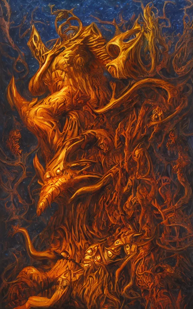 Image similar to moloch of the amber mythos fallen celestial spirit, award winning oil painting, sharp color palette