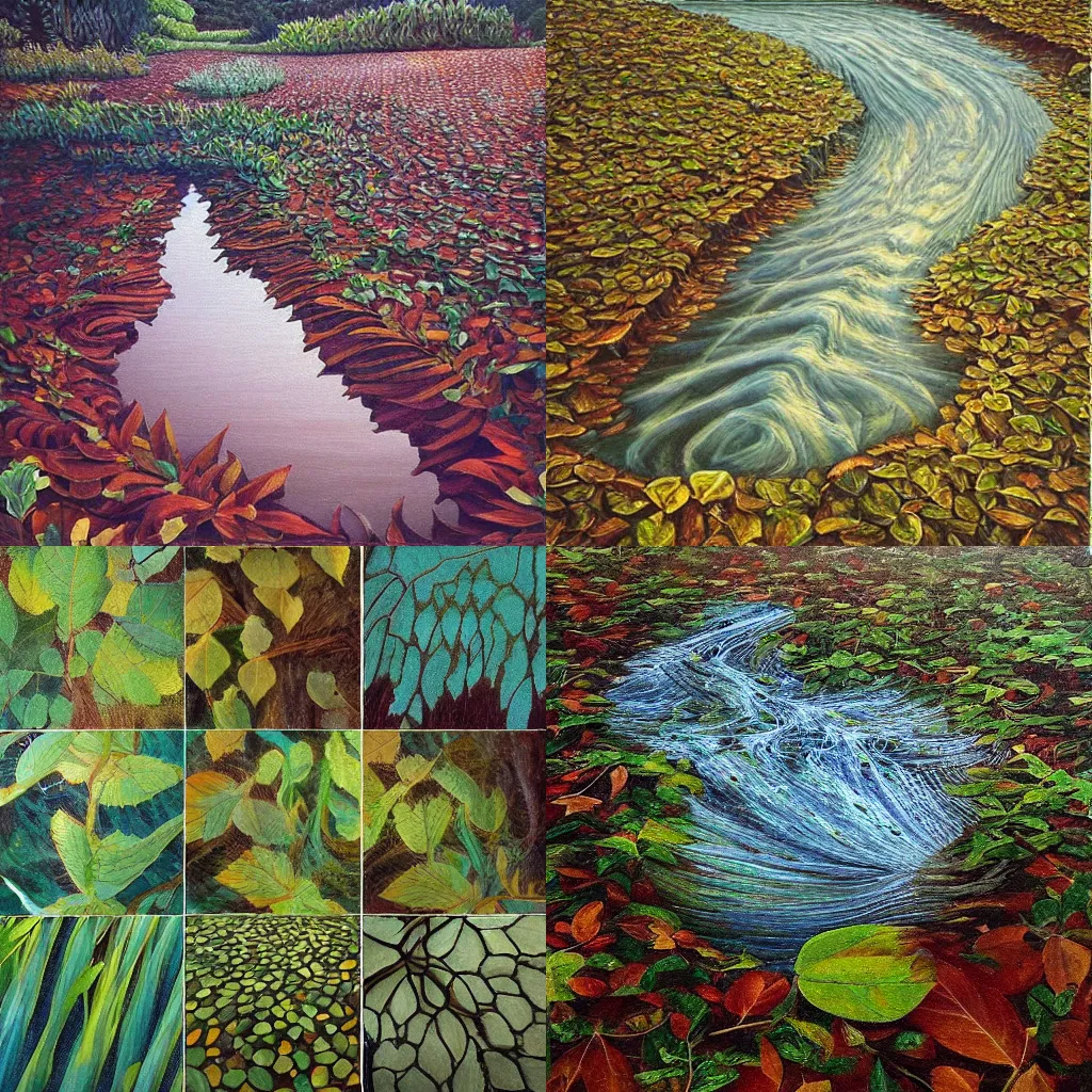 Prompt: “Leaves and flowing water in the early morning light “, highly detailed art painting in the style of andy goldsworthy”