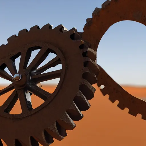 Prompt: gearwheel made of steel laying in desert, vray, 55mm