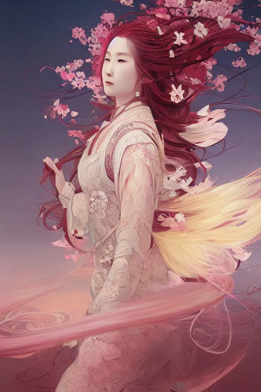 Image similar to breathtaking detailed soft painting of a samurai queen with long flowing red hair, anime style, pastel flower petals flying, at dawn in front of a pristine art nouveau cathedral, elegant, volumetric lighting, highly detailed, artstation, concept art, matte, sharp focus, art by pilyeon, matcha art and Alfons Mucha