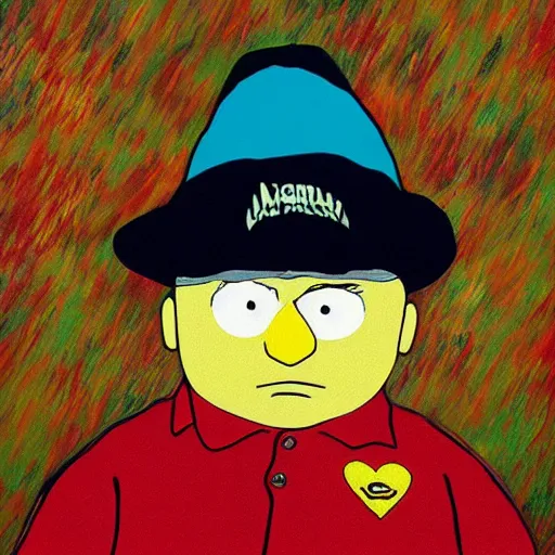 Image similar to an artistic portrait of eric cartman, high quality, studio photography, colorful, hero, heroic, beautiful, in the style of vincent van gogh