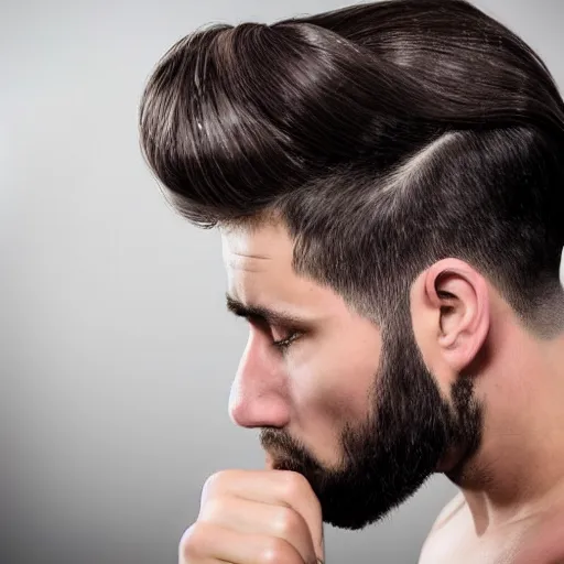 Image similar to sad and tearful and crying professional millennial muscular man with feminine beehive hairstyle