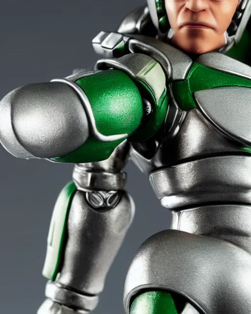 Image similar to portrait of a figurine of cyborg from the sci - fi nintendo videogame metroid. glossy. silver round helmet, silver shoulder pads, green visor. shallow depth of field. suit of armor.