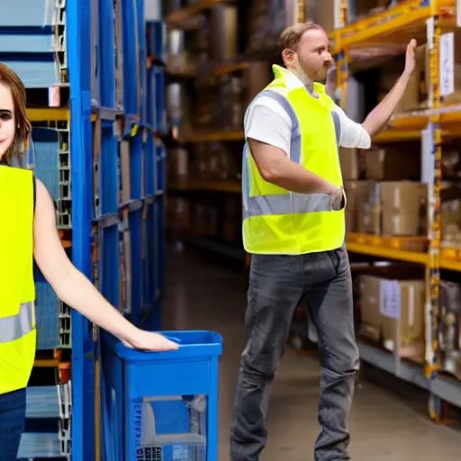 Image similar to photo, close up, emma watson in a hi vis vest, in amazon warehouse, portrait, point and shoot camera,