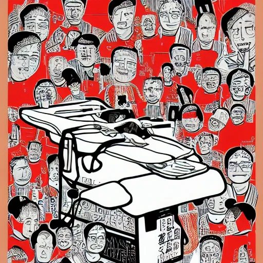 Image similar to chinese surgery operating table, in the style of daniel johnston and outsider art, 8k, line brush, overlaid with chinese adverts