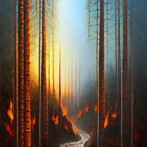 Prompt: a painting of a fire in a forest, a matte painting by Jeffrey Smith, deviantart, fantasy art, apocalypse landscape, apocalypse art, airbrush art