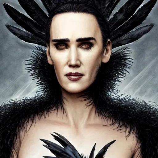 Image similar to jennifer connelly as odile the black swan, gray skin, disney villain, black feathers instead of hair, black feathers growing out of skin, losing control, black feathers growing out of face, black hands with black claws, gothic, highly detailed, comic book cover, mike mignogna, david mack, trending on artstation