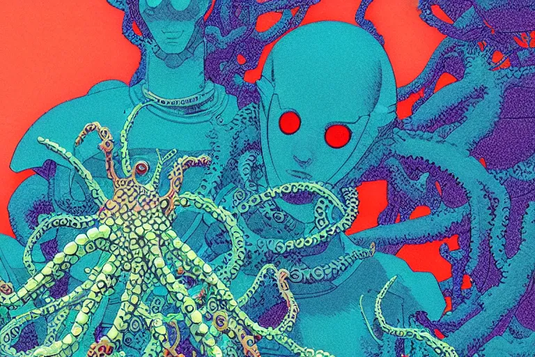 Image similar to risograph grainy drawing vintage sci - fi, satoshi kon color palette, gigantic gundam full - body covered in iridescent dead coral reef 1 9 6 0, kodak, with lot tentacles, natural blue - green colors, codex seraphinianus painting by moebius and satoshi kon and dirk dzimirsky close - up portrait