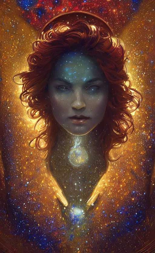 Prompt: portrait of a cosmic god, suit made out of stars and galaxies and cosmic energy, intricate, headshot, highly detailed, digital painting, artstation, concept art, sharp focus, cinematic lighting, illustration, art by artgerm and greg rutkowski, alphonse mucha, cgsociety