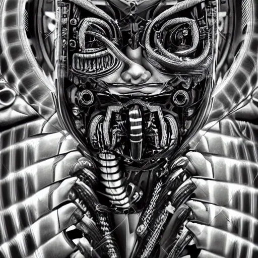 Prompt: surreal biomechanical spinal ribbed tribal exotic organic face portrait of mechanical cyborg, beautiful detailed. Black and white photo.