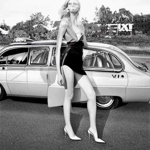 Prompt: beautiful blonde model standing in front of a german taxi, vogue magazine editorial, highly detailed