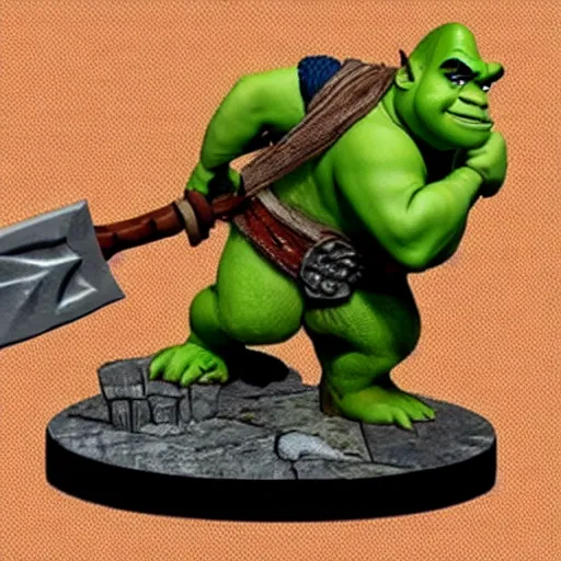 Image similar to a dungeons and dragons miniature of shrek wielding an axe, onlooking players are horrified