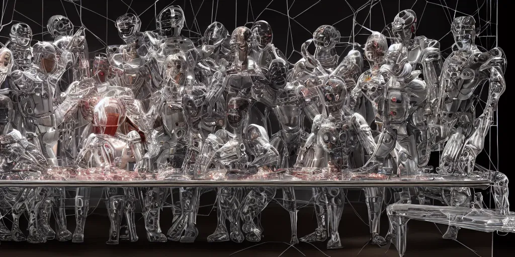 Image similar to !13 diverse cybersuits on !one_side of a reflective !metal table, !!posing_as_last_supper cinematic lighting, intricate cables, detailed glowing implants, satin, crystal, liquid, floating, !!highly detailed