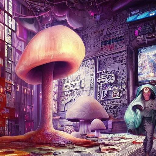 Prompt: A mushroom in a robe & pointed hat hyperrealism graffiti 8K 3D cyberpunk hyperdetailed serene cosmic Nvidia GeForce RTX 3060 Ti Moebius polished elaborate complex meticulous Horde 3D, Rafael Santi”