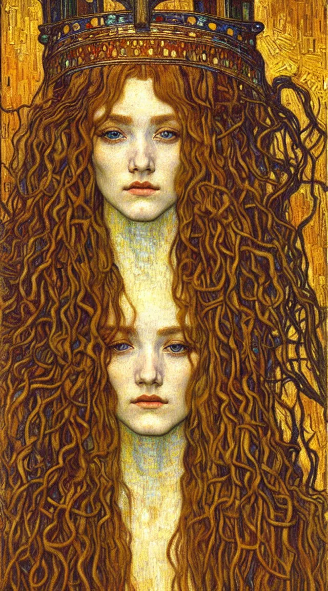 Image similar to detailed realistic beautiful young medieval queen face portrait by jean delville, gustav klimt and vincent van gogh, art nouveau, symbolist, visionary, gothic, pre - raphaelite, muted earthy colors, desaturated