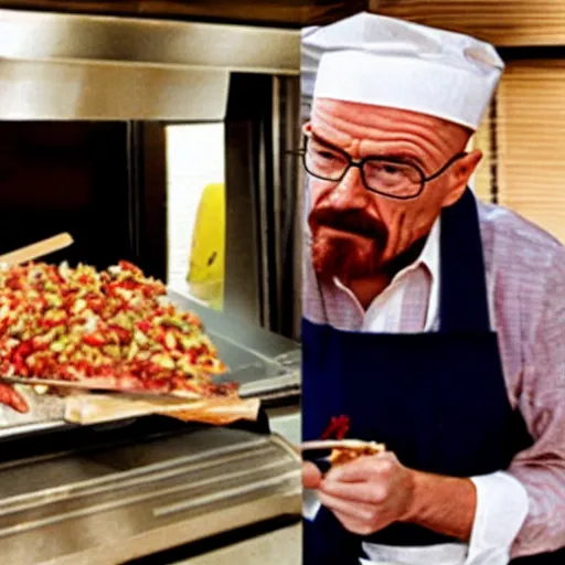 Image similar to walter white as a kebab seller kebab cutting meat