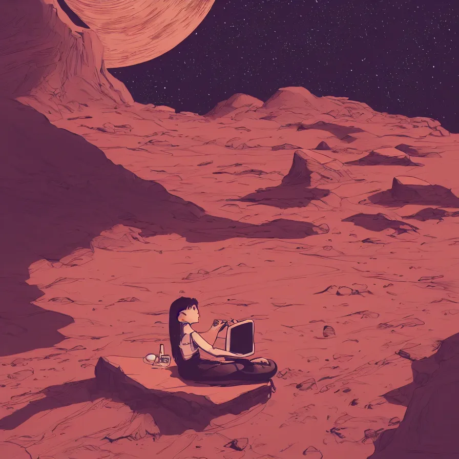 Prompt: very detailed, prophet graphic novel, ilya kuvshinov, mcbess, rutkowski, simon roy, illustration of a girl sitting alone on the surface of mars while staring at her phone, wide shot, colorful, deep shadows, astrophotography, award winning